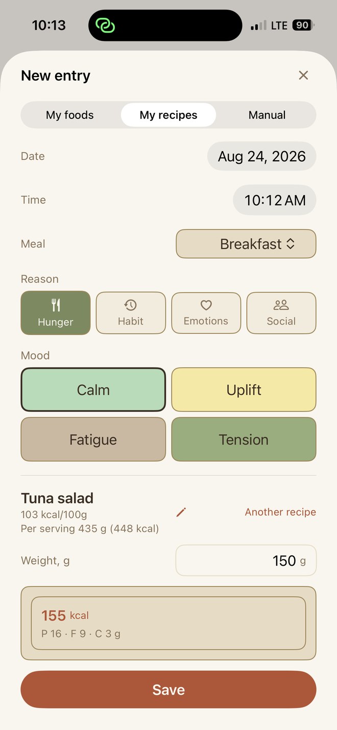 New entry screen with Reason and Mood buttons